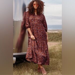 J.Jill Tiered Ruffled Maxi Dress Womens Bronze Floral Paisley Cottage